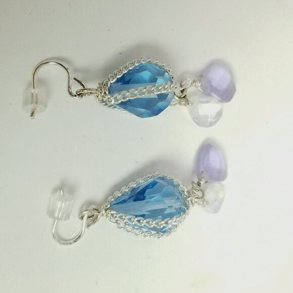 Vintage Blue Beaded Dangle Earrings, Silver Tone Setting, Tiny Hooks, Estate - Picture 3 of 6